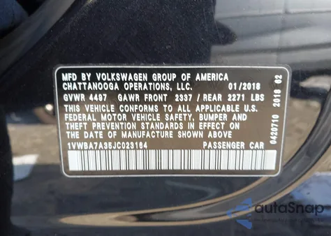 2018 Volkswagen Passat 2.0T Se from USA, damaged, VIN 1VWBA7A35JC023164